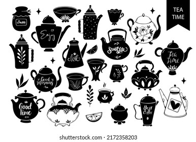 Illustration of teapot and mug, tea time, good morning wishes, kitchen icons, food and drink, utensils.