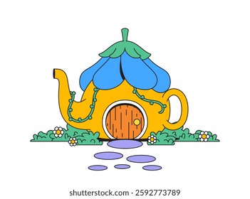 Illustration of a teapot turned into a cozy house, perfect for fantasy-themed projects and children's stories in a vibrant cartoon style