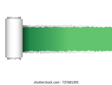Illustration of tear paper, torn or ripped paper effect from scratch on green paper background with copy space for your text.