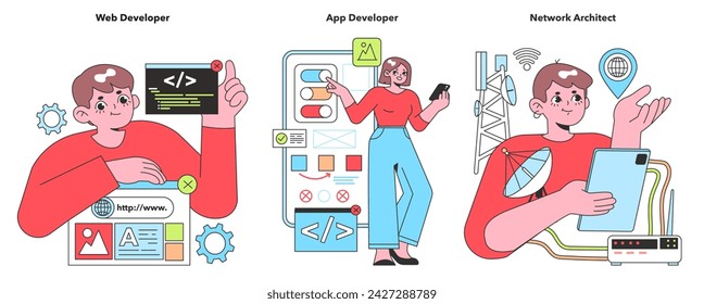 Illustration of tech experts, featuring a focused Web Developer, a creative App Developer, and a strategic Network Architect, embodying the digital world's evolution