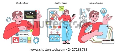 Illustration of tech experts, featuring a focused Web Developer, a creative App Developer, and a strategic Network Architect, embodying the digital world's evolution