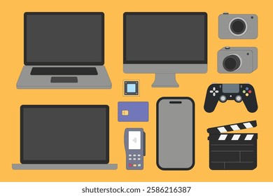 Illustration of tech gadgets: laptop, computer, camera, smartphone, game controller, and payment terminal. Modern tech gadgets on a yellow background. Vector element set.