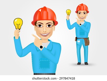 illustration of technical, electrician or mechanic pointing to a lamp isolated over white background