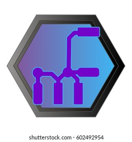 Illustration with technical logotype - screen of part of board with smt (surface mount technology) pads and round via holes. Heraldry and logo concept art. PCB design.