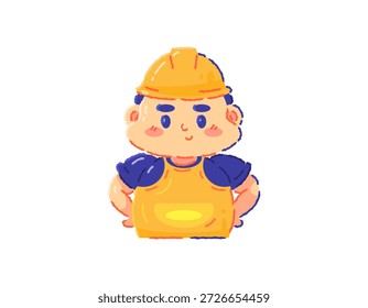 Illustration of a technician, construction worker, mechanic. Wearing a safety helmet. Labor concept. Illustration of a cute, adorable male or boy character. Flat design style outline crayon. White background