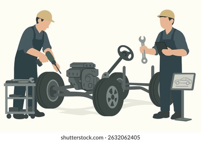 Illustration de techniciens travaillant dans l'industrie automobile, se concentrant sur l'assemblage de voitures et la fabrication de voitures à l'aide d'outils et de composants de moteur.