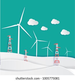 Illustration of technology and nature energy.The electric wind turbine on mountain made many energy for everything. 