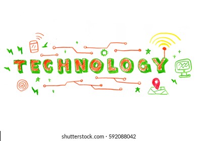 Illustration of TECHNOLOGY word in STEM - science, technology, engineering, mathematics education concept typography design in kid hand drawn style