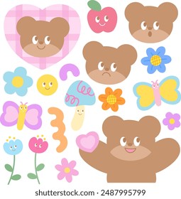 Ilustración de osito de peluche, manzana, mariposa, flor, hongo, corazón para el personaje de dibujos animados, cómic, mascota, animal print, zoológico, floral, picnic, primavera, verano, naturaleza, jardín, parches lindos, broche, juguete