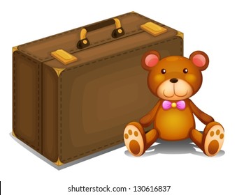 Ilustración de un oso de peluche al lado de una gran bolsa sobre un fondo blanco