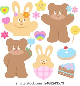 Illustration of teddy bear, bunny, flower, heart, donut, cake, candy for cartoon character, comic, mascot, animal, zoo, floral, picnic, summer, nature, garden, patches, brooch, easter, sweet dessert