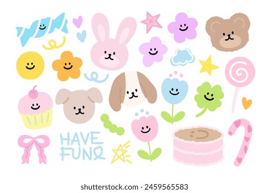 Ilustración de osito de peluche, conejito, cachorro, flores, pastel, cupcake, caramelo, piruleta, cinta rosa, estrella, DIVIÉRTETE cartas para animales, mascota, veterinario, tienda de mascotas, zoológico, pascua, dibujos animados, personaje, cómic, mascota