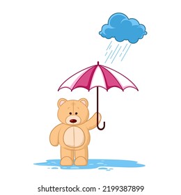 illustration of a teddy bear carrying an umbrella under the rain