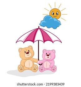 illustration of a teddy bear couple wearing an umbrella