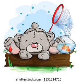 Illustration of Teddy bear fisherman. Bear sitting on a log and next to him an aquarium with a goldfish