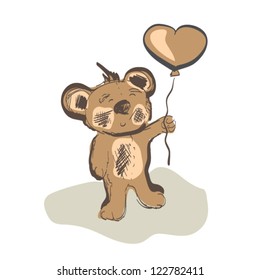 Illustration of teddy bear with heart balloon