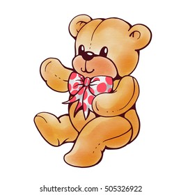 Illustration of a Teddy Bear isolated on white background.  Drawing with ink and watercolor. Vector
