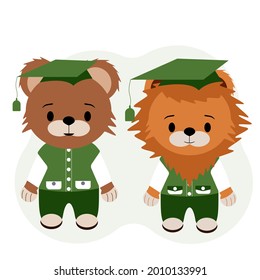 Illustration of teddy bear and lion cub pupils in trousers, vests and shirts