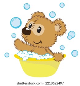 Illustration of a teddy bear mascot taking a bath in a tub with water. Ideal for educational and promotional materials