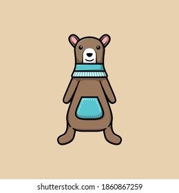 illustration of a teddy bear with a pouch on its belly and a blue scarf. isolated in soft brown background. 