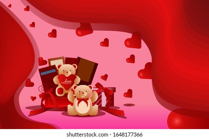 illustration of teddy bear romance background with red heart decorations on valentine's day
