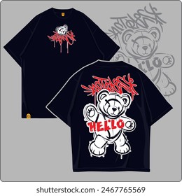 Illustration of teddy bear saying hello with retro city style graffiti and cool artist slogan text. Vector illustration design for fashion graphics and t-shirt prints.