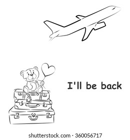 Illustration with teddy bear and suitcases on the theme of travel.