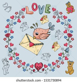 illustration of Teddy bears boy and girl on the theme of love and Valentines day in the style of childrens Doodle in a circular ornament of flowers and hearts for design vector EPS 10