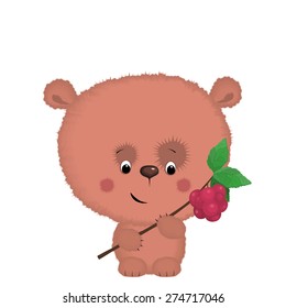 Illustration of a teddy-bear with a raspberry branch on the white background