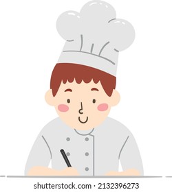 Illustration of Teen Boy Chef Wearing Coat and Toque Blanche Hat, Writing with a Pen