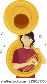 Illustration of Teen Boy Holding and Playing Sousaphone Instrument with Musical Notes Floating Around