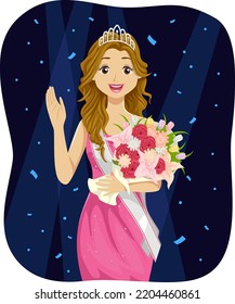 Illustration of Teen Girl Beauty Queen Holding Bouquet, Wearing Crown and Sash and Waving with Confetti Falling