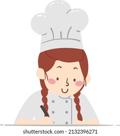 Illustration of Teen Girl Chef Wearing Coat and Toque Blanche Hat Writing with a Pen