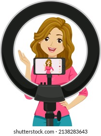 Illustration Of Teen Girl Filming A Vlog Using Mobile Phone With LED Ring Light