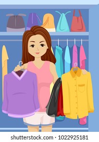Illustration of a Teen Girl in Front of Her Cabinet Choosing Between Long Sleeve Shirt and Blouse