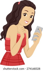 Illustration of a Teen Girl Happily Reading a Message on her Mobile Phone