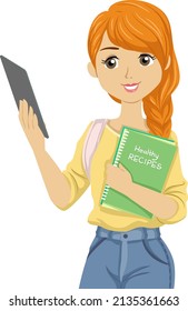 Illustration of Teen Girl Holding Tablet and Carrying a Book of Healthy Recipes