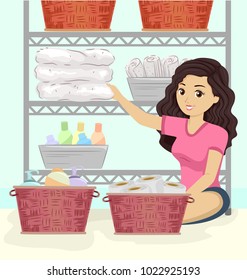 Illustration of a Teen Girl Organizing Toiletries in the Bathroom