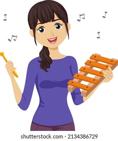 Illustration of Teen Girl Playing Xylophone Instrument with Musical Notes Floating Around