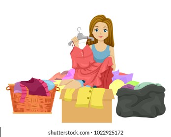 Illustration of a Teen Girl Sorting Clothes into a Basket, a Box and a Black Plastic Bag