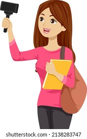 Illustration of Teen Girl Student with Bag and Book, Holding Monopod and Using Mobile Phone Camera for Vlog