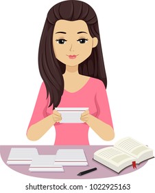 Illustration of a Teen Girl Student Using Note Cards for Memorizing and Studying