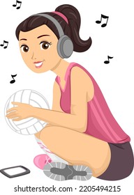 Illustration of Teen Girl Volleyball Player Wearing Headset Listening to Music from Mobile Phone and Holding Volleyball