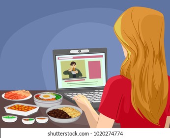 Illustration Of Teen Girl Watching And Joining An Eating Show In Her Laptop