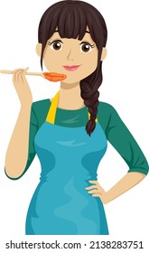 Illustration of Teen Girl Wearing Apron and Holding Spoon, Tasting Food after Cooking