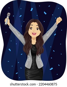 Illustration of a Teen Girl, Winner in a Singing Contest, Holding Microphone with Hands Up on Stage with Falling Confetti