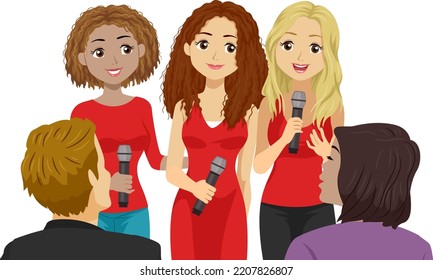 Illustration Of Teen Girls Group Holding Microphone Talking To Man Woman Judges In An Audition