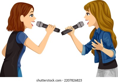 Illustration of Teen Girls Holding Microphone Singing Duet and Facing Each Other