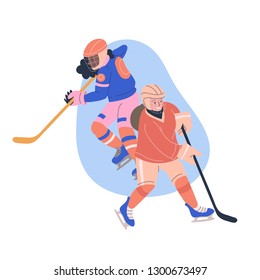 Illustration with teen girls playing ice hockey game. Isolated vectorconcept