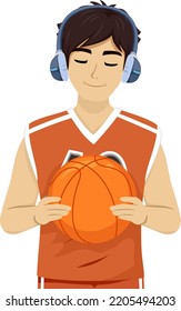 Illustration of Teen Guy Basketball Player Holding Ball and Wearing Headphones Listening to Music